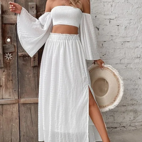 White Preppy Womens Off Shoulder Shirred Crop Top & Frill Trim Split Thigh Skirt - Picture 3 of 5